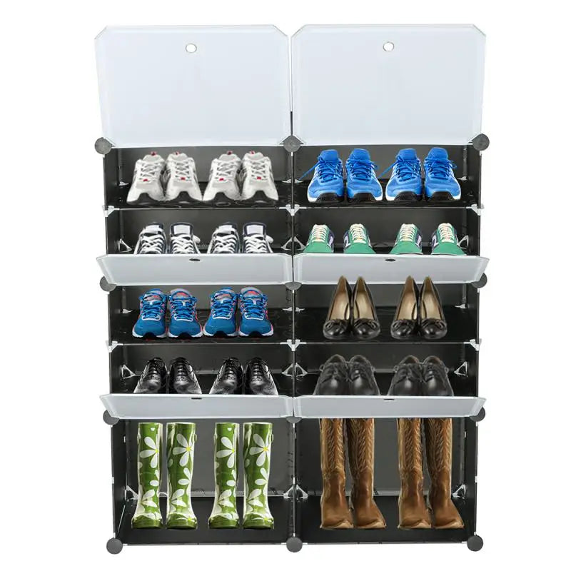 Foldable shoe organizer with transparent lid and compartments - Niveaux noirs 2x5