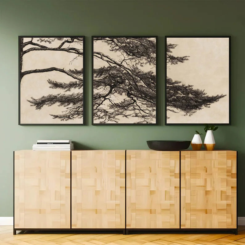 Vintage triptych rustic pine branch canvas wall decoration - view 2