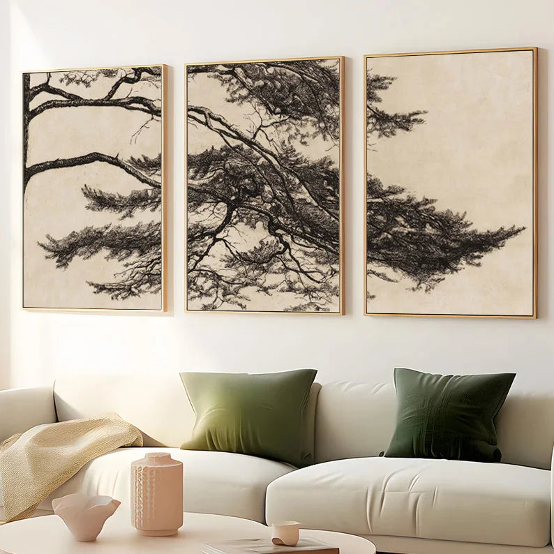 Vintage triptych rustic pine branch canvas wall decoration - view 4