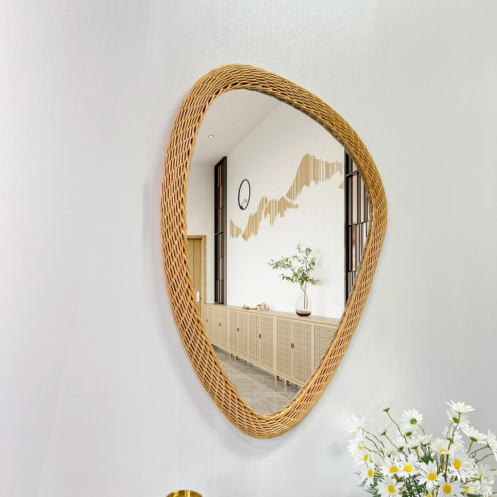 Bohemian mirror woven in rattan hand decorated - view 3
