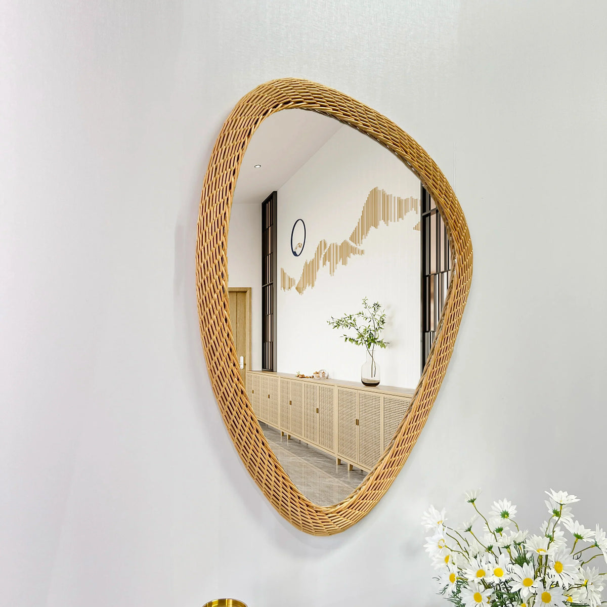 Bohemian mirror woven in rattan hand decorated - view 3