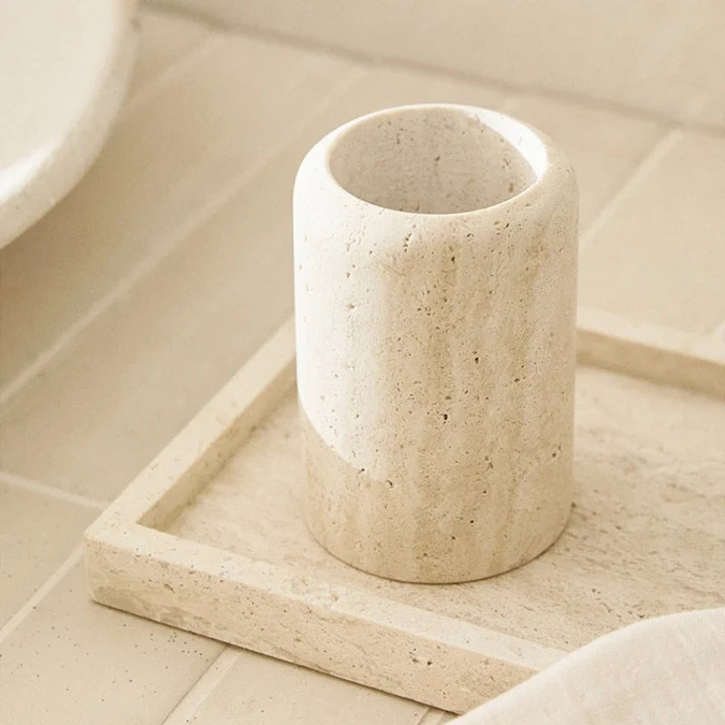 Natural Beige Travertine Marble Stone Toothbrush Washing Storage Cup, Small Vase, Ornaments, Yellow, Tray, D7.5 X H12 cm