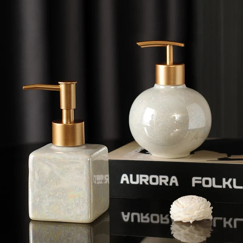 Empty ceramic bottles pumped for cosmetics and disinfectant