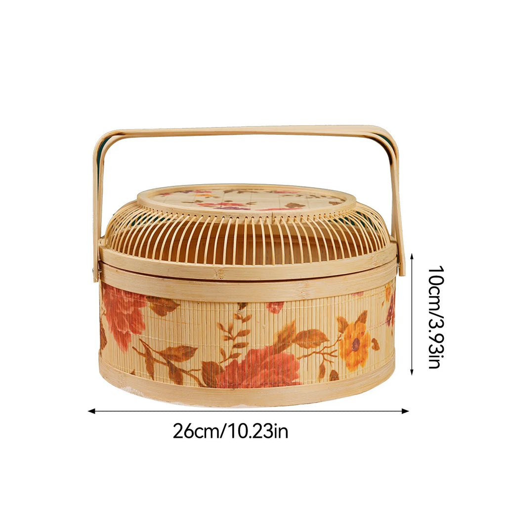 Handmade Woven Basket With Hollow Cover, 26x26x10cm Kitchen Bamboo Woven Tote Basket For New Year And Spring Festival - view 2