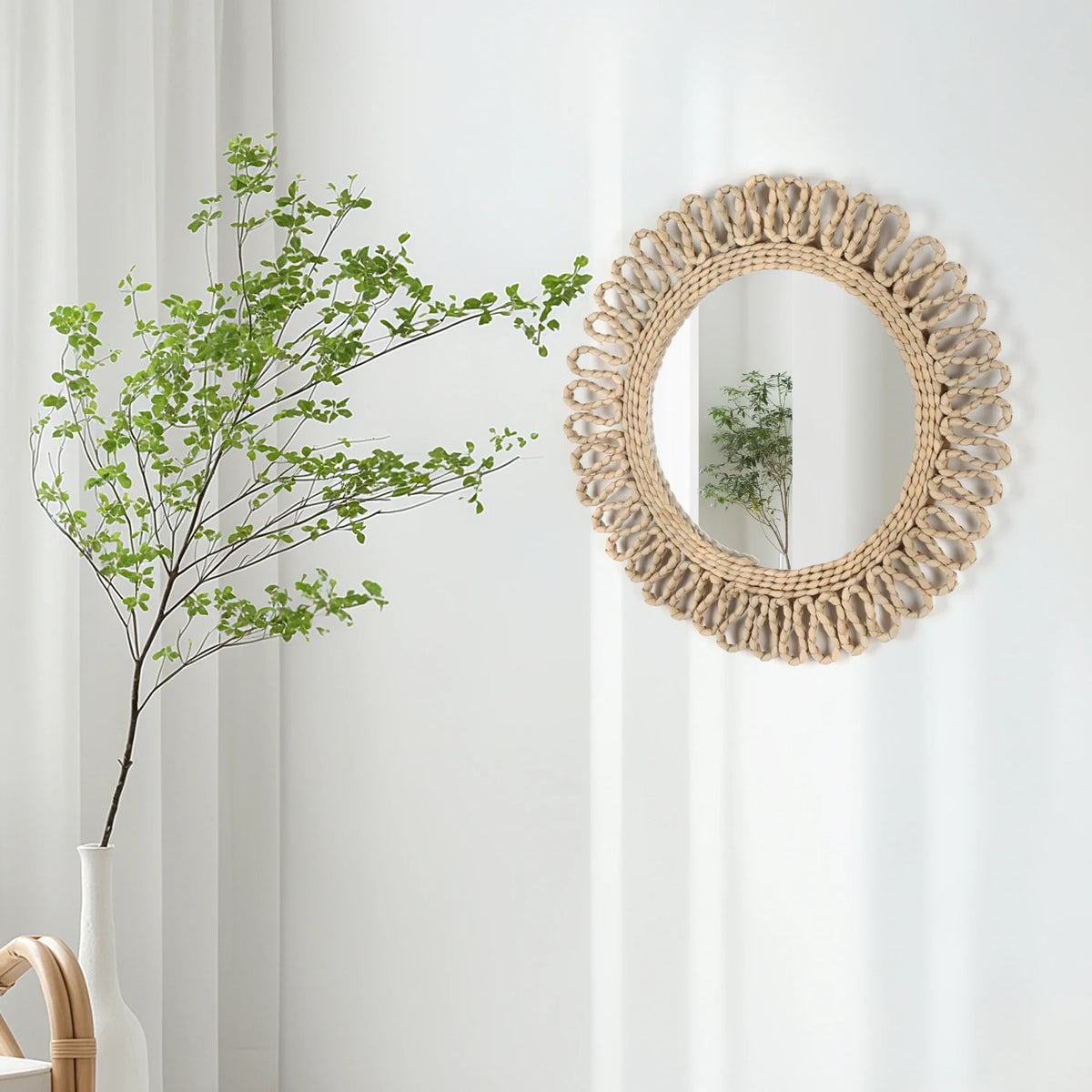 Circular wall mirror woven bohemian style hanging - view 5