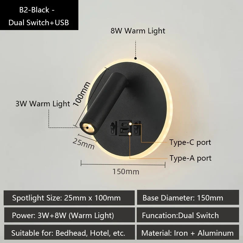 Modern wall sconce with usb ports and adjustable reading lamps - Warm White (2700-3500K) / B2 / LED 3W and 8W