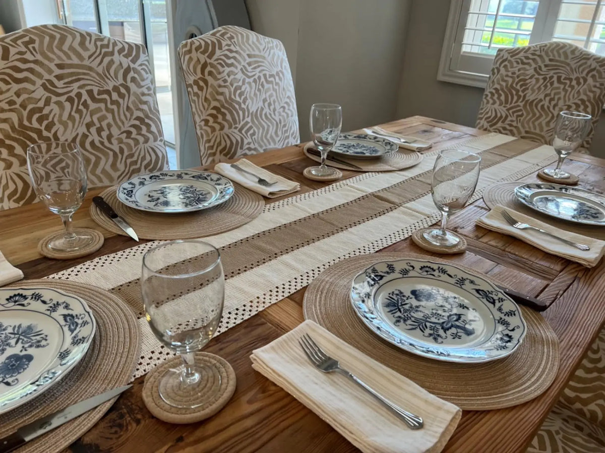Structured Beige Geometric Table Runner with Pom-Poms - view 5