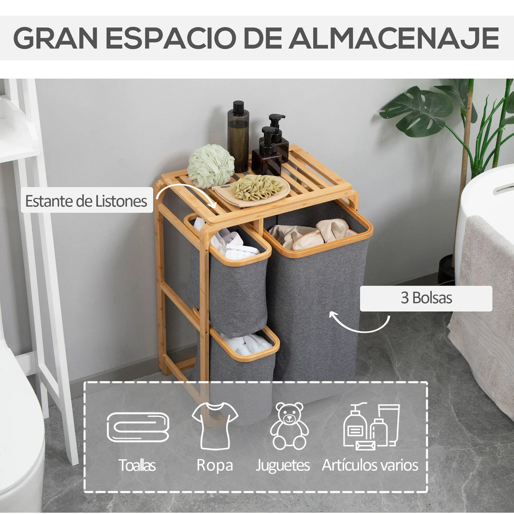 HOMCOM bamboo laundry hamper 3 removable fabric bags 50x32x69,7 cm - view 4