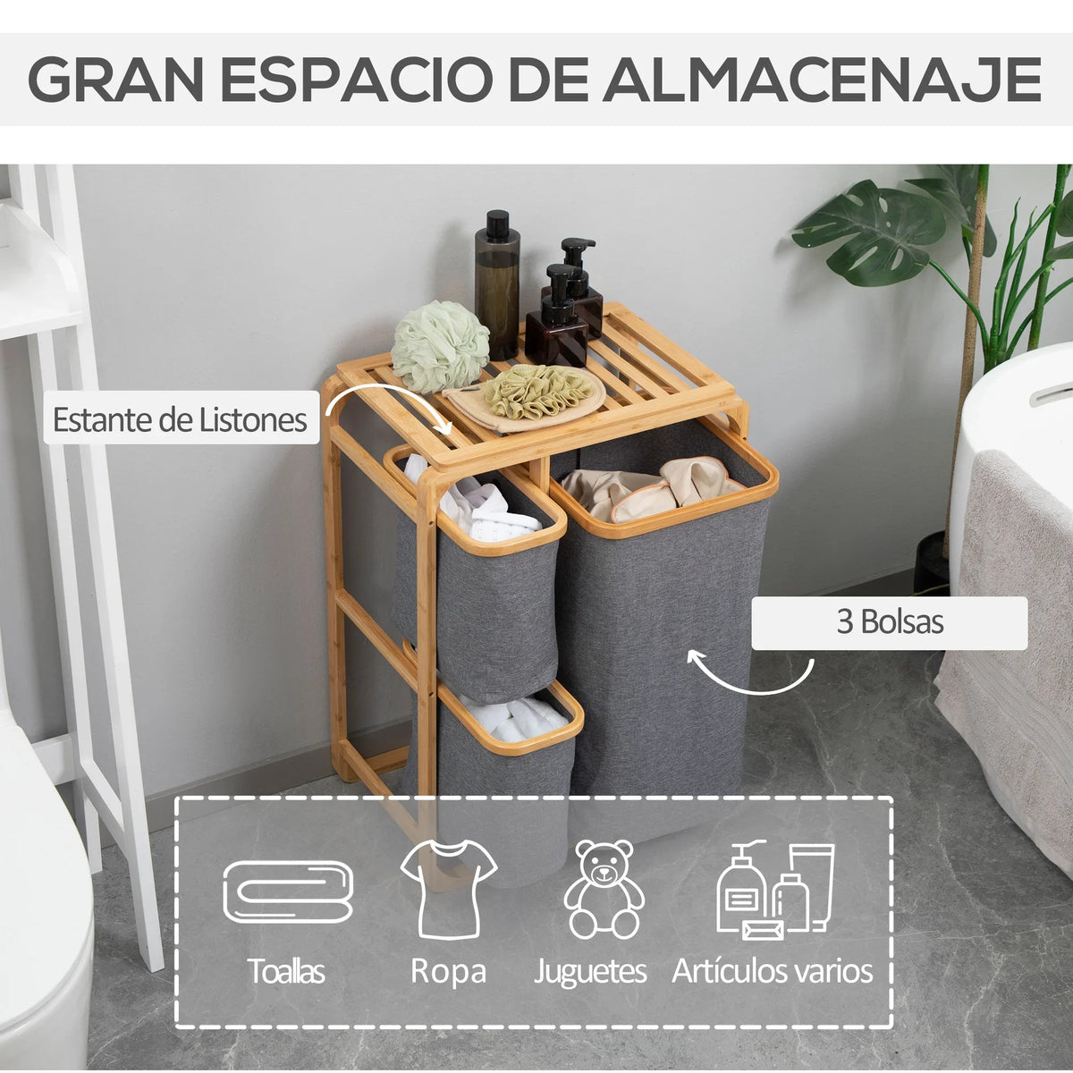 HOMCOM bamboo laundry hamper 3 removable fabric bags 50x32x69,7 cm - view 4