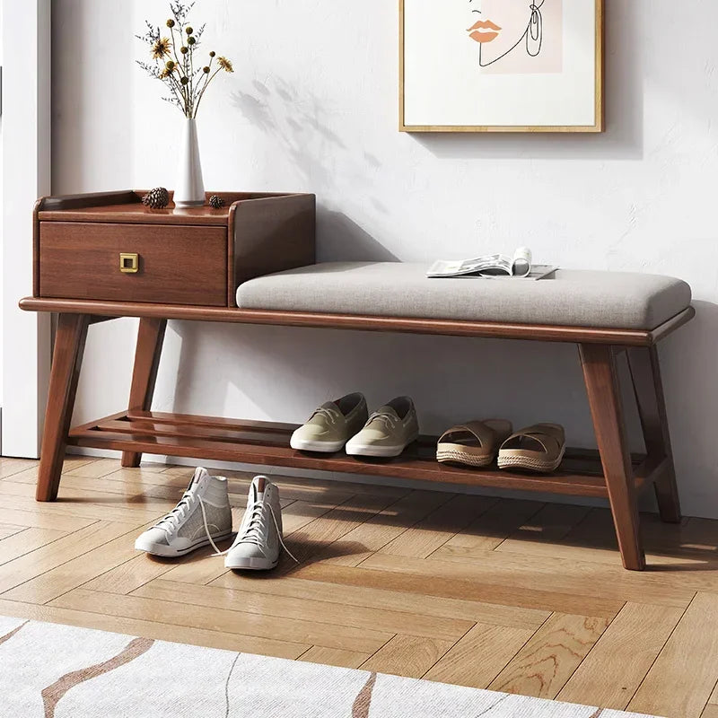 Wooden shoe cabinet with drawers and integrated bench - Tabouret en noyer