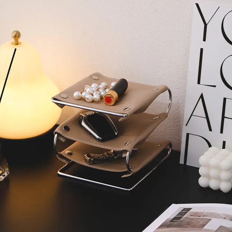 Multifunction storage holder in leather and stainless steel - view 2