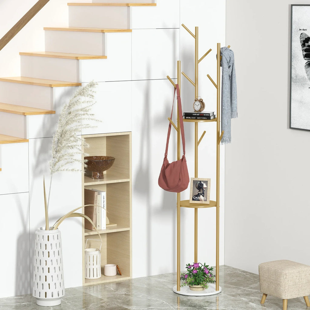 Marble Metal Coat Rack Freestanding with 3 Storage Shelves and 9 Hooks, Enterway Hall Tree for Hanging Coats, Jackets, Hats, Bag - view 4