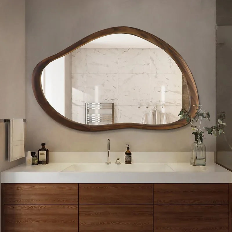 American solid wood bathroom mirror with irregular and retro decoration, Nordic household dressing mirror - A  60X90CM