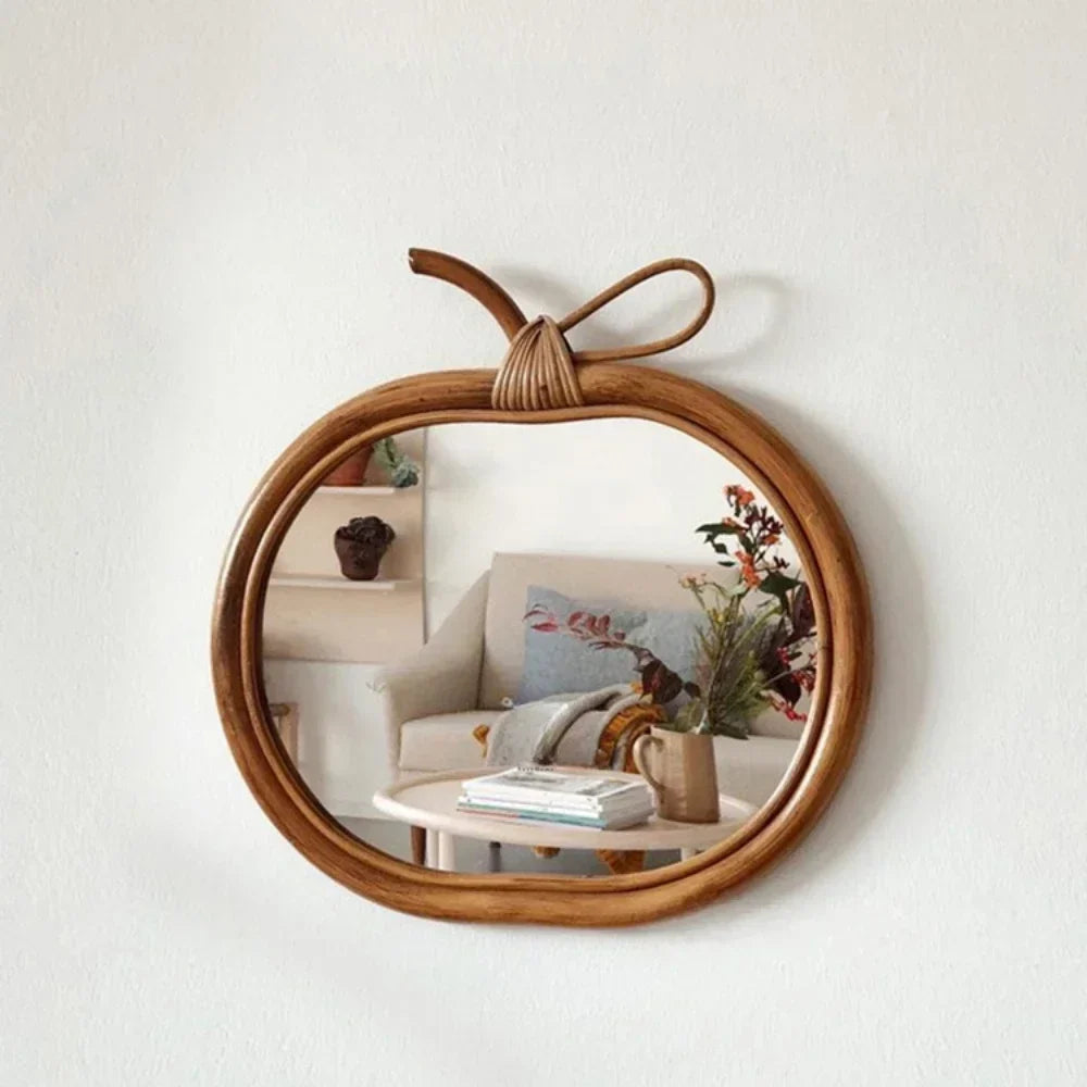 Round mirror in vintage decorative natural rattan apple shape