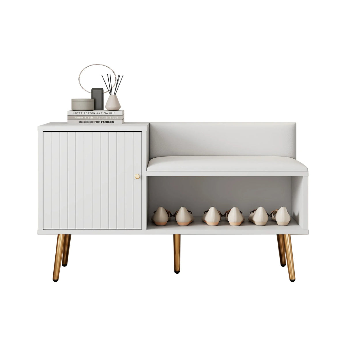 Modern luxury shoe chest in white with storage, upholstered bench and backrest shoe rack with metal handles and Meta - view 4