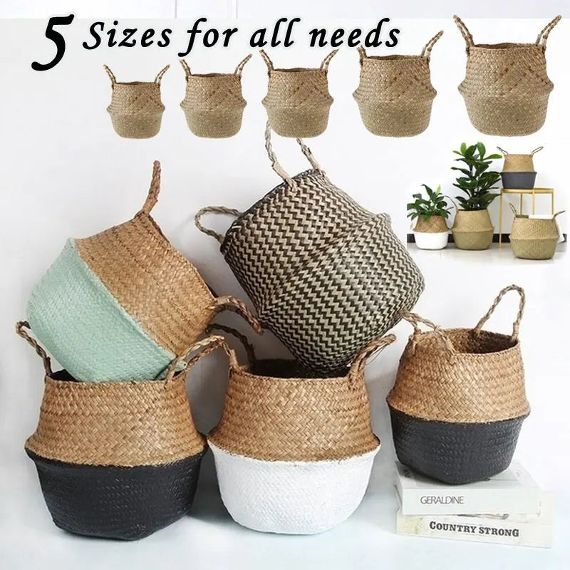 Folding rattan storage baskets with handle for various uses