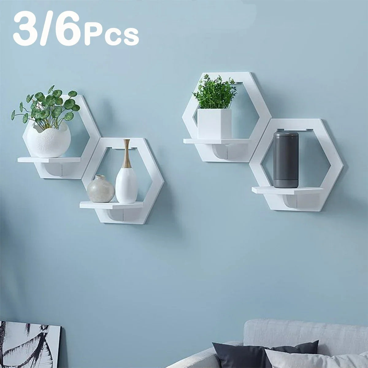 Set of 3 or 6 hexagonal shelves for flowers artisanal decoration
