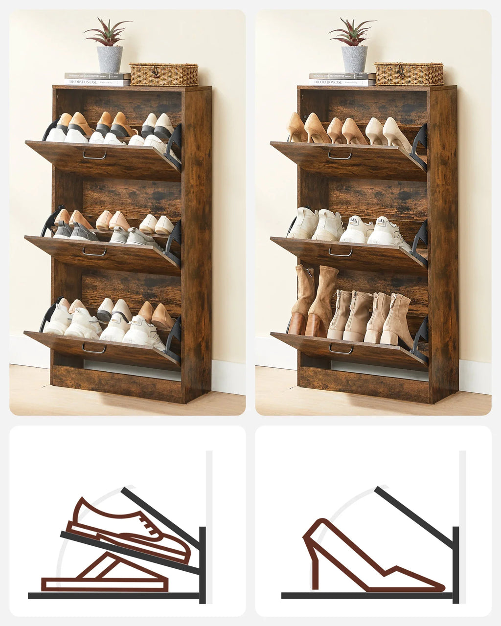 VASAGLE 3-Leaf Shoe Cabinet, 3-Tier Storage Cupboard, Rustic Brown - view 5