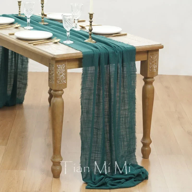 Vintage style cotton gauze wedding table runner - Dark green / 40x200cm