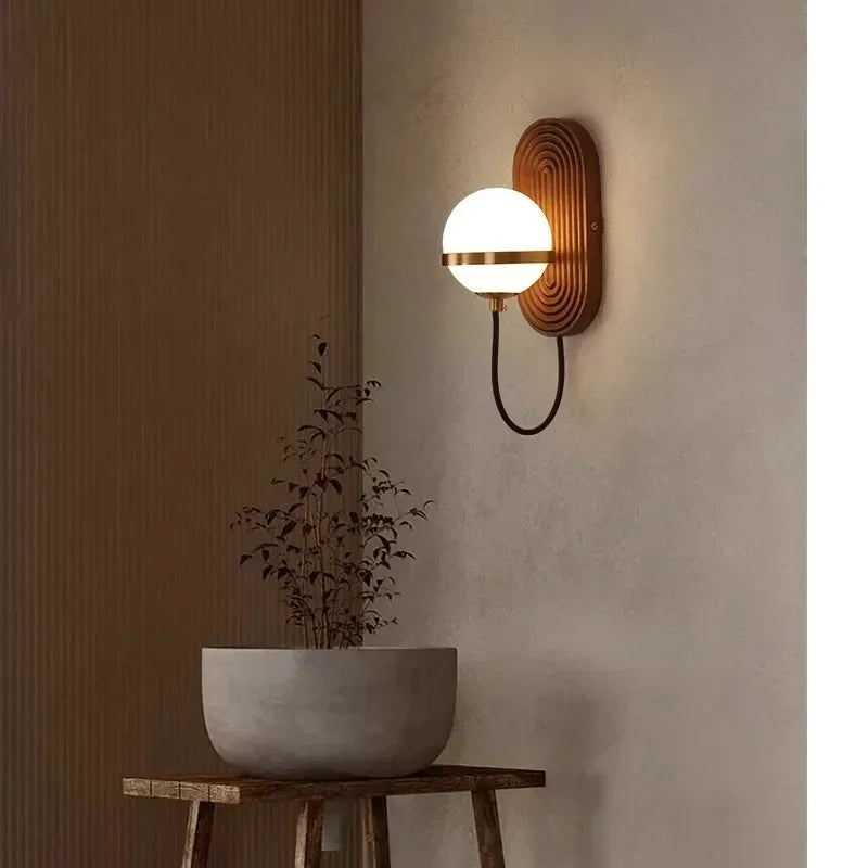 Walnut Wood Circular Sphere, Modern Wabi-sabi minimalist Wall Sconce light for Bedroom, Bedside, Living, Dining Room - view 5