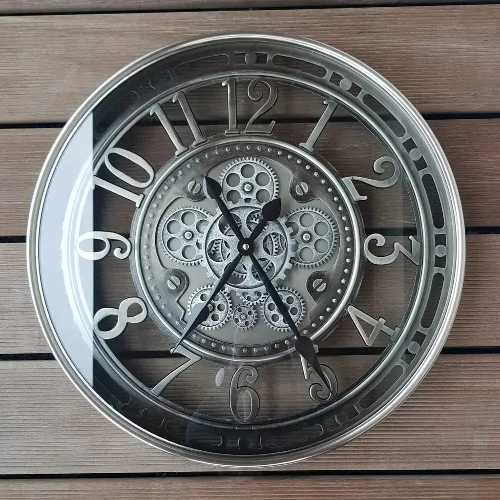 Industrial metal wall clock with decorative movable gears - Bronze Gray-Arabic