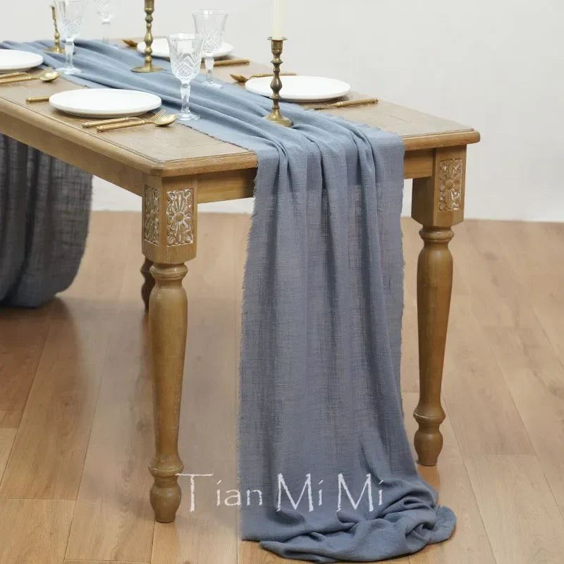 Vintage style cotton gauze wedding table runner - Blue grey / 40x200cm
