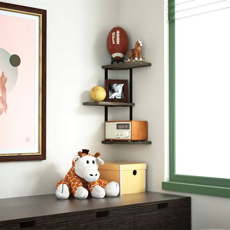 Three-level rustic wooden corner wall shelf - view 7