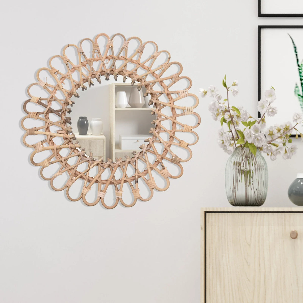 Wall Mirror, Round Wicker Rattan Decorative Mirror, Rustic Natural Rattan Wall decor with Mounted Frame for Bathroom Hallway - view 4