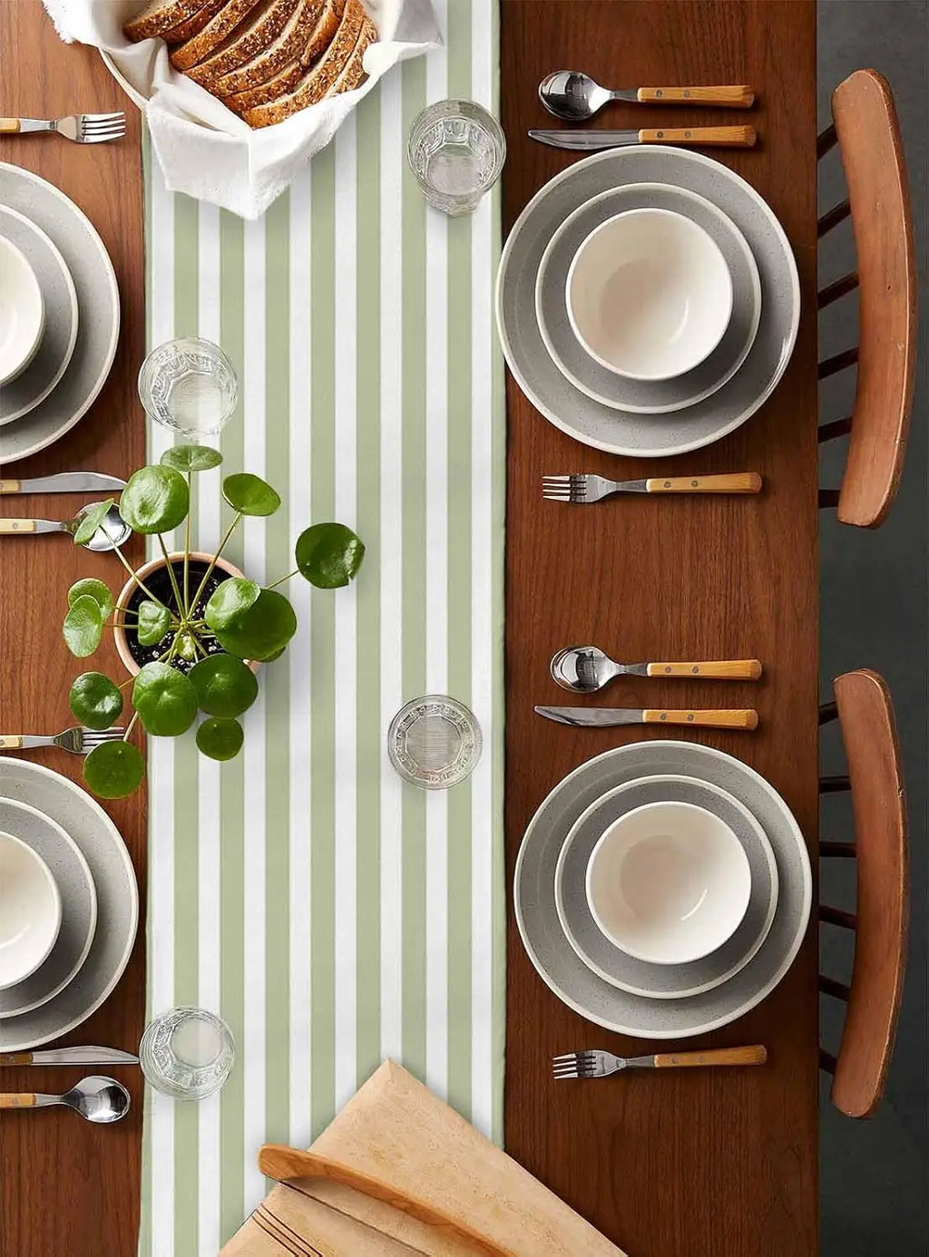 Sage Green Striped Linen Table Runner, Minimalist Country Style - view 2