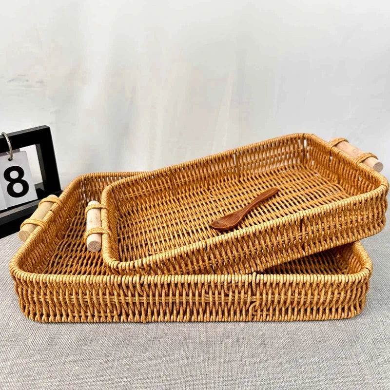 Woven rattan storage tray with wooden handles - view 6
