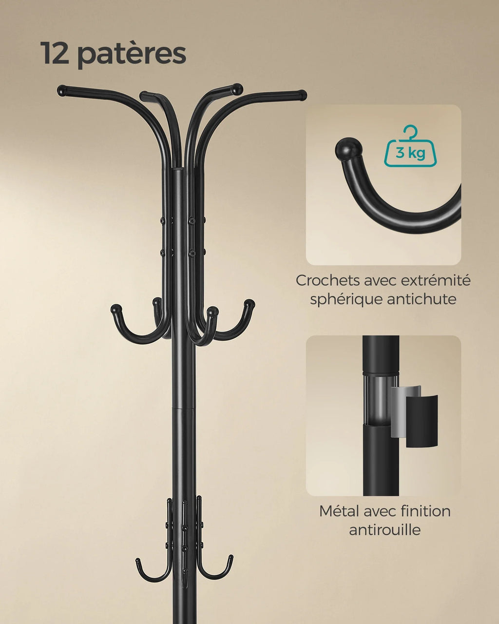 SONGMICS Coat Rack Freestanding, Coat Stand with Umbrella Holder, 12 Hooks, Metal, 175 cm Tall, for Entryway, Hallway - view 5