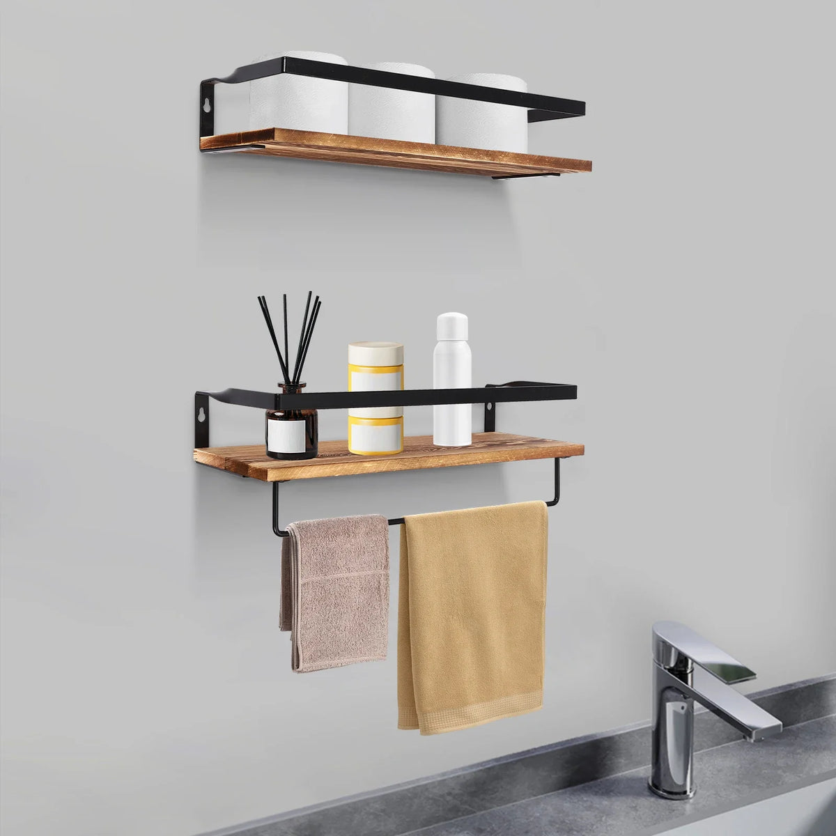 Wooden wall shelf with towel bar for practical storage - view 4