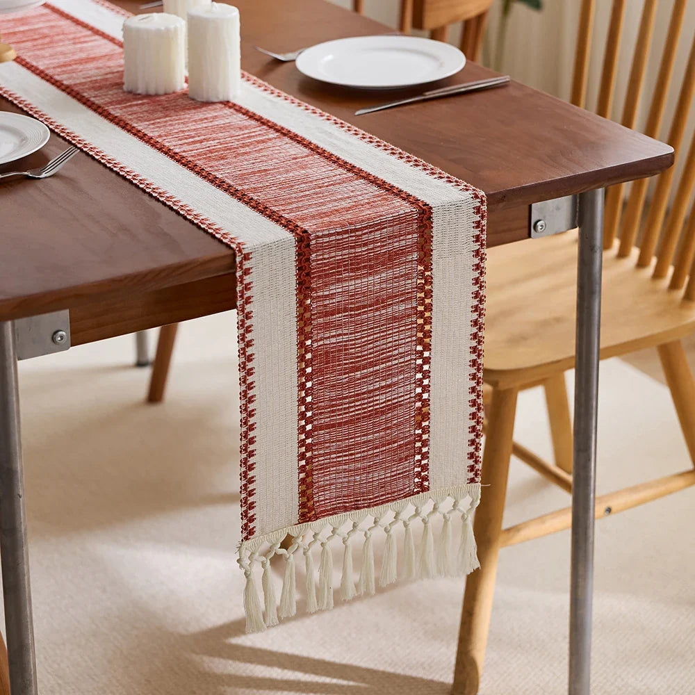 Bohemian Red and Beige Striped Table Runner with Pom-Poms, Style One - view 2