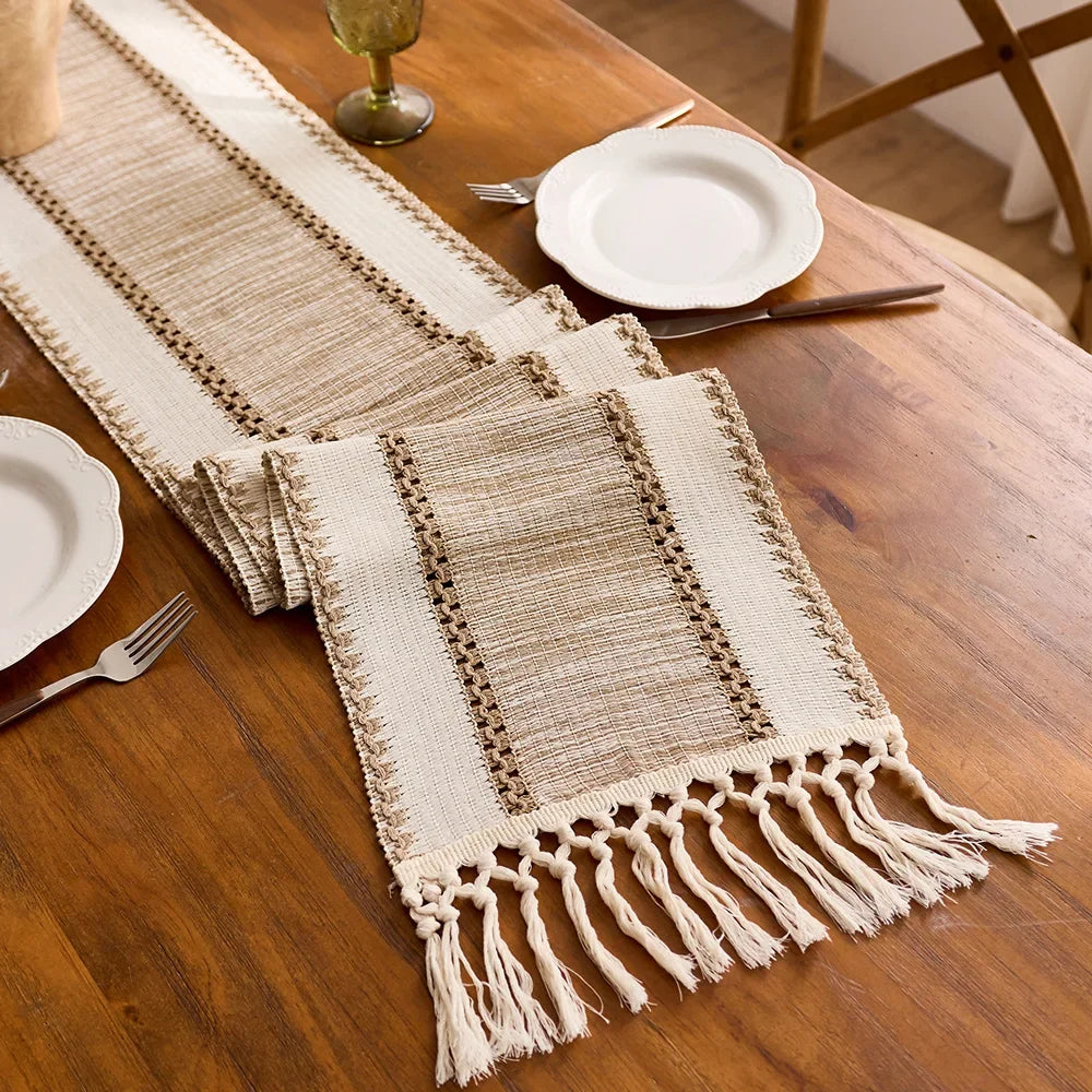 Macrame table runner bohemian khaki pom-poms - view 3