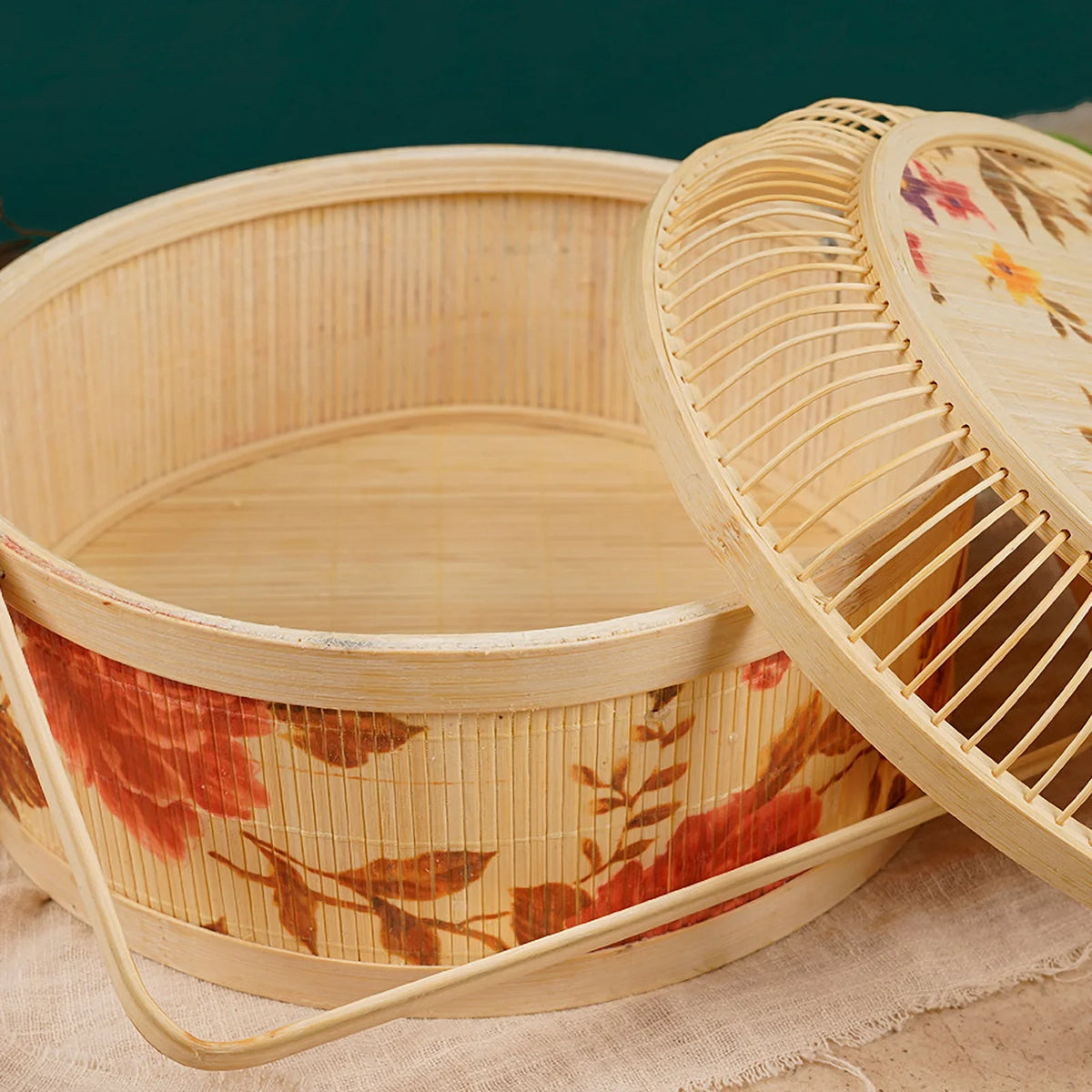 Handmade Woven Basket With Hollow Cover, 26x26x10cm Kitchen Bamboo Woven Tote Basket For New Year And Spring Festival - view 3