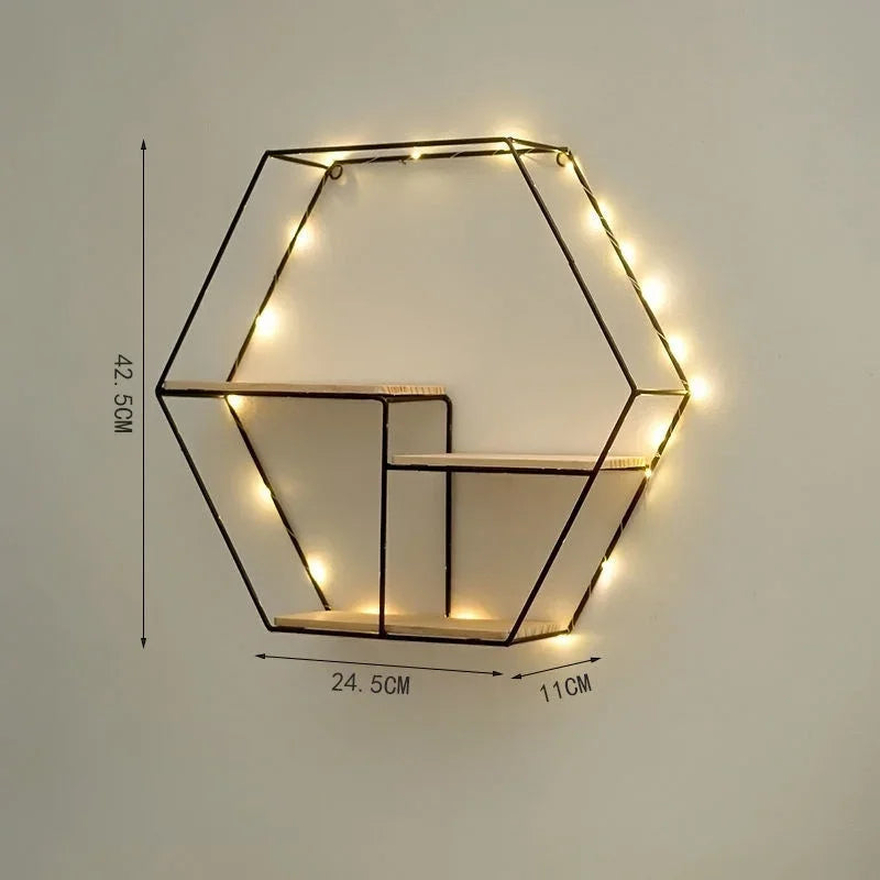 Modern Metal and Wood Wall Shelf for Home Decor - Black Hexagon