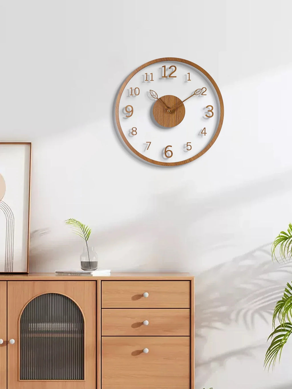 Transparent minimalist wall clock, tree leaf pointer, wood grain wall clock, silent living room, bedroom, office, and holiday de - view 3