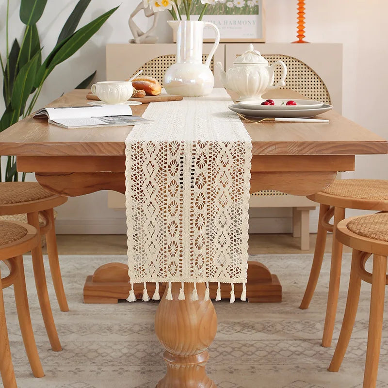 Lace table runner vintage style crochet pom-poms - view 6