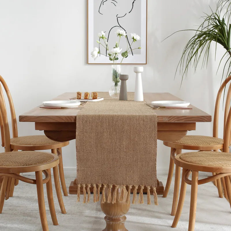 Linen table runner embroidered rustic style beige 8 words - 32x160cm
