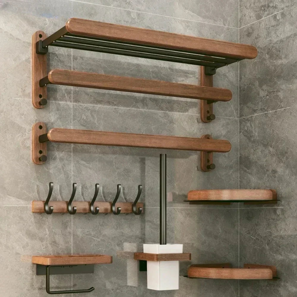 Wooden and aluminum towel holder wall organizer for shower accessories - view 6