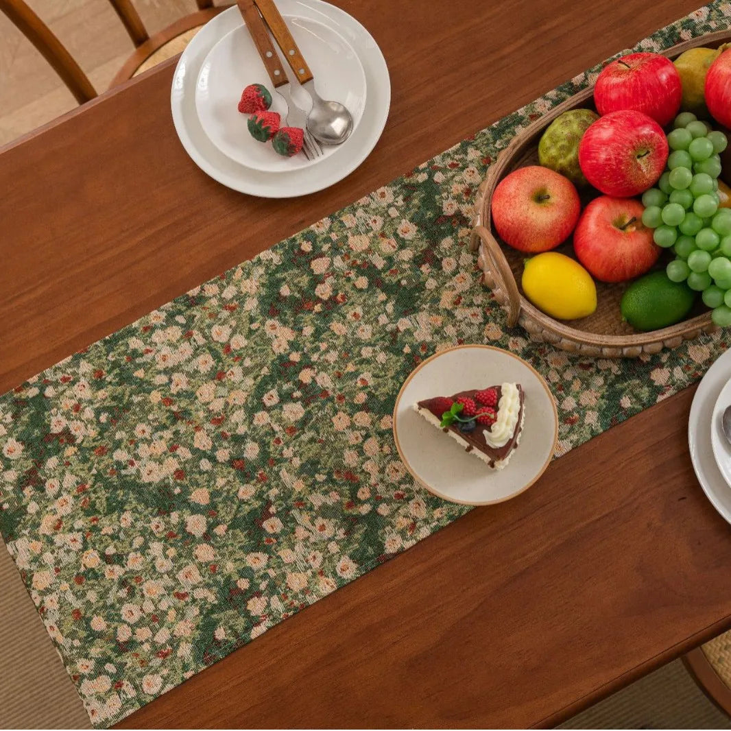 Green table runner country floral pattern pom-poms - view 5