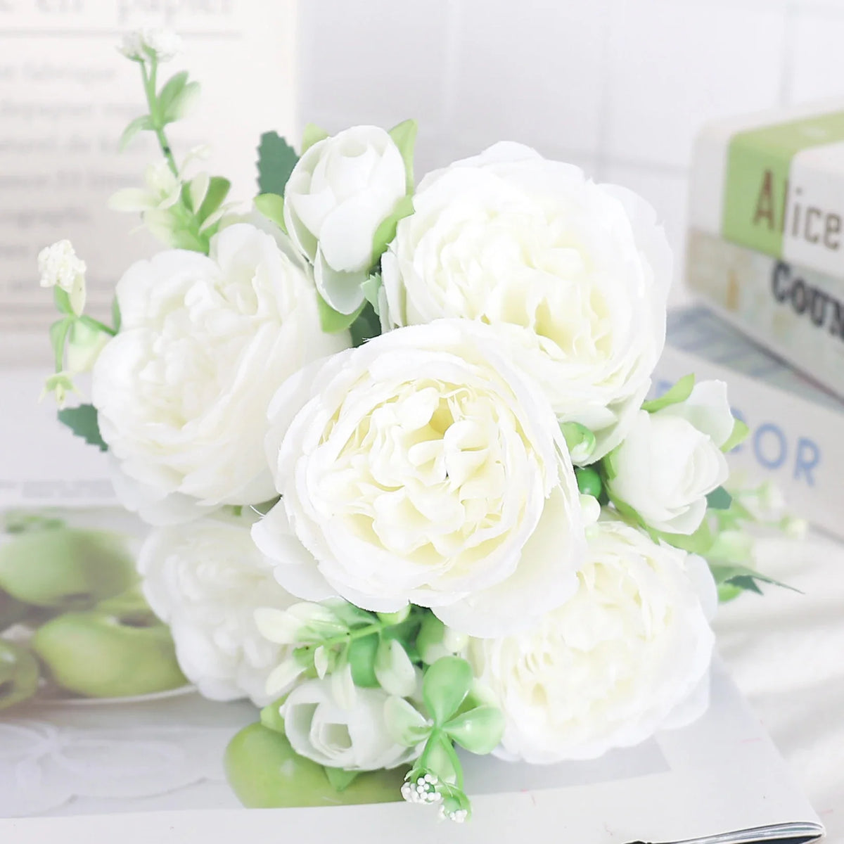 Artificial flowers silk peony hortensia decoration wedding bouquet - White 1