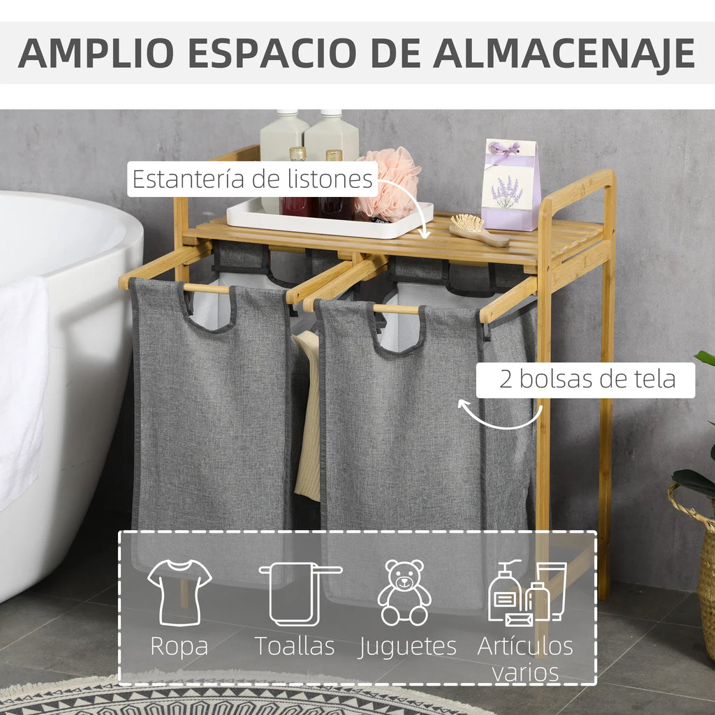HOMCOM bamboo dirty laundry basket with 2 bags removable 63,5x33x73cm Natural - view 3