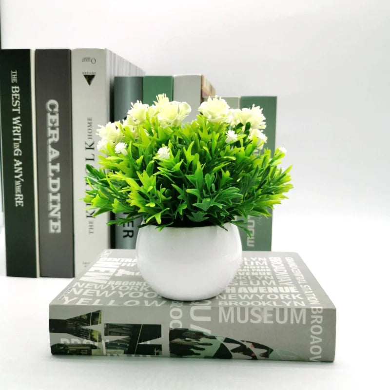 Artificial rose flower in pot for interior and exterior decoration - White