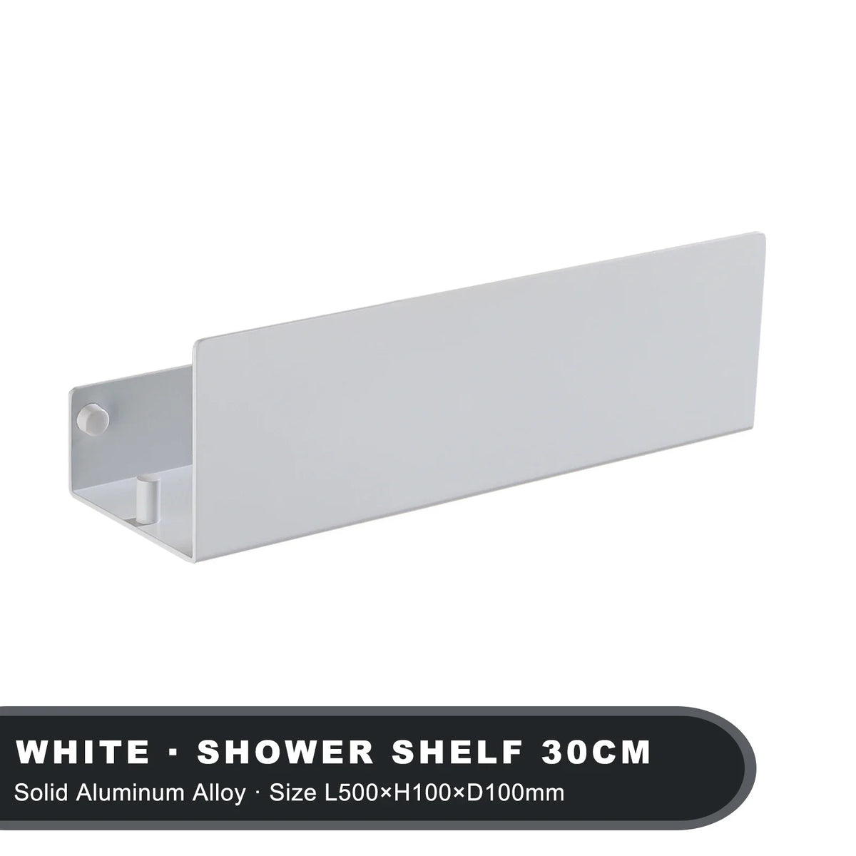 Wall storage shelf with aluminium hooks for kitchen and shower - White 30cm