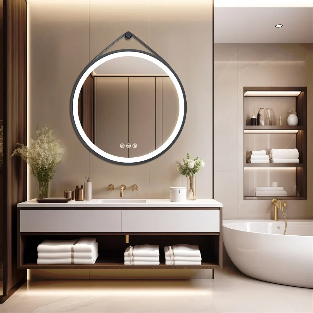 Round mirror with touch sensor and led lights
