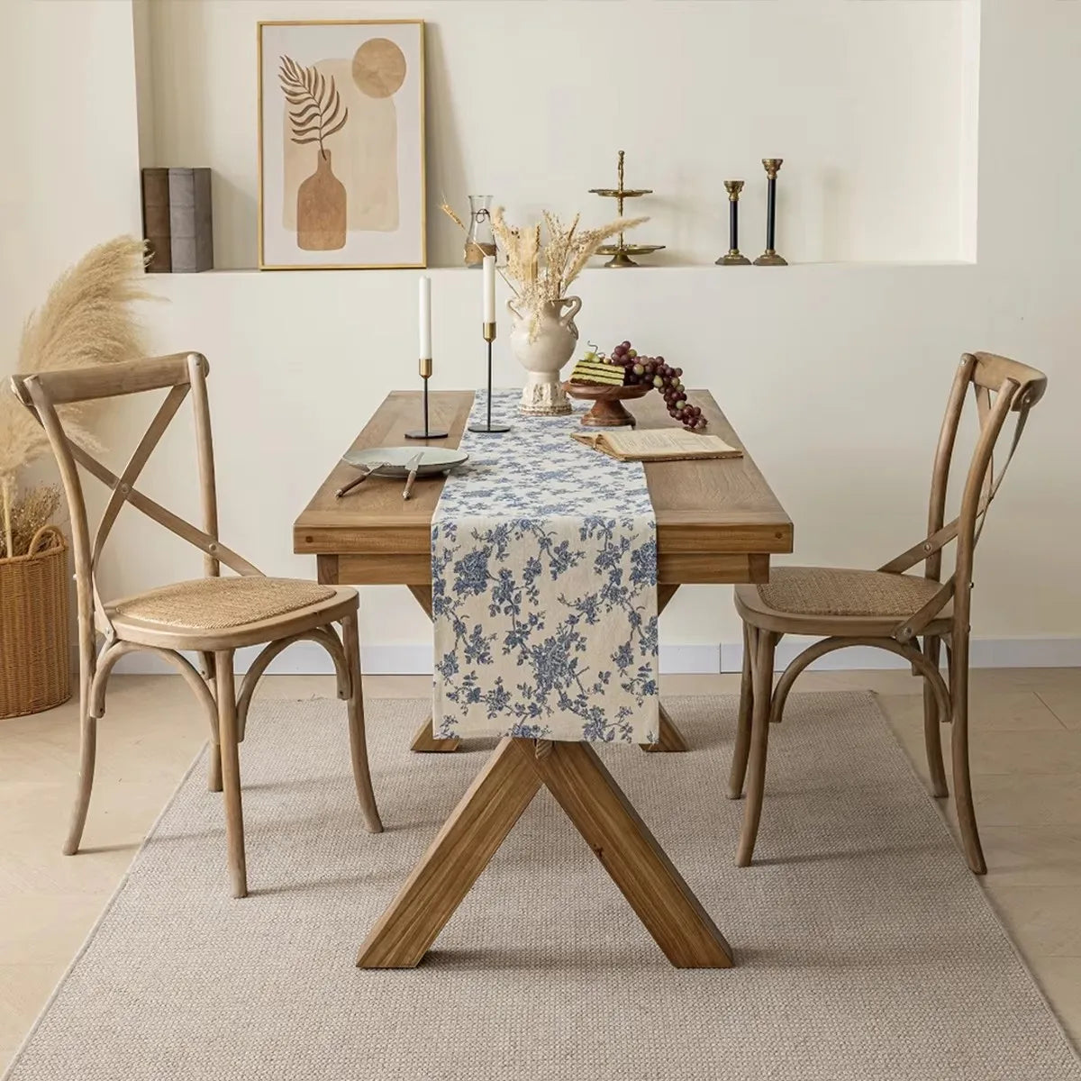 Asian style floral porcelain pattern table runner