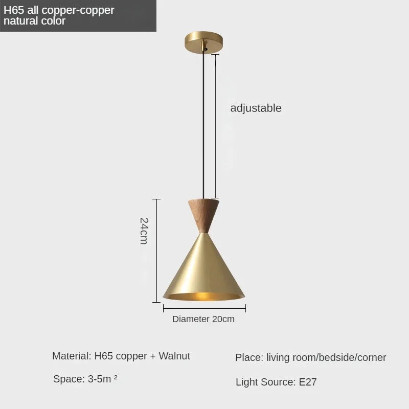 Modern and Minimalist Master Bedroom Bedside Pendant Light, Personalized and Luxurious All Copper Walnut Bar Hanging Line Light - golden-A-D 20cm / Cold White