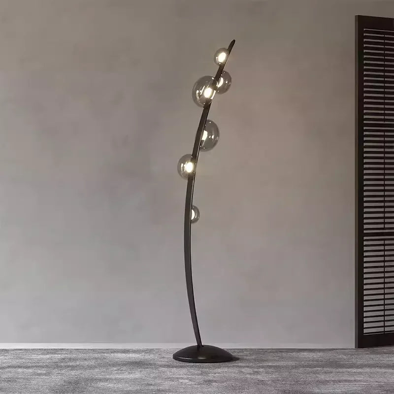 Design floor lamp in Italian leather with glass ball - Warm Light / D30 H162cm / Smoked Gray Glass
