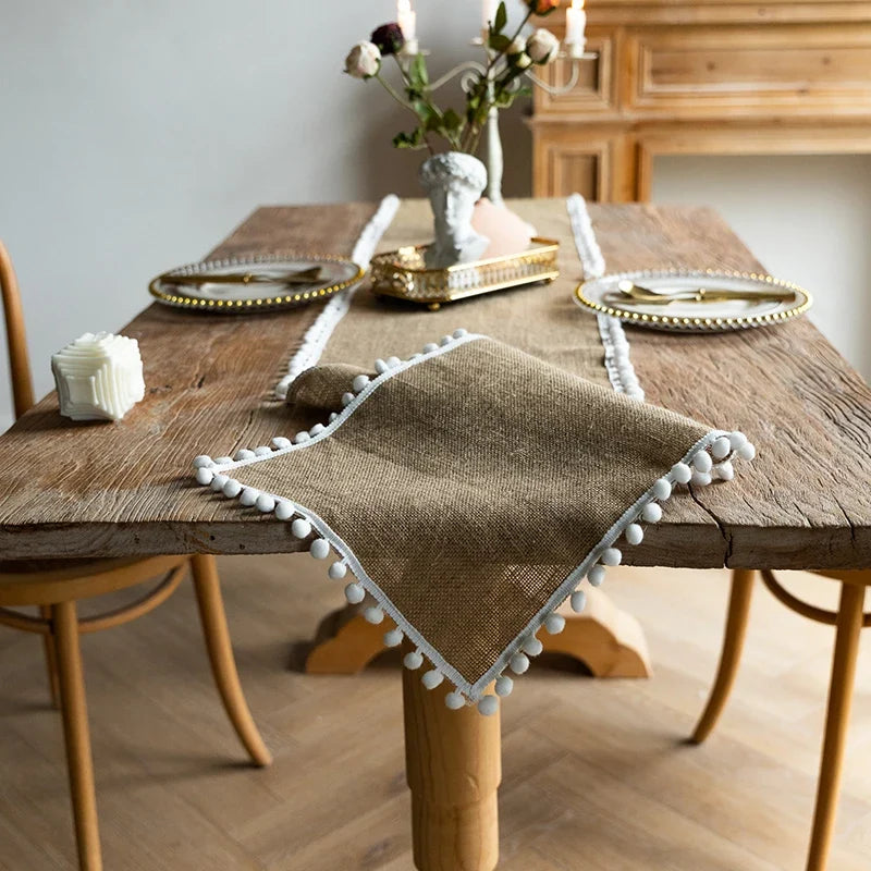 Table runner jute canvas beige pom-poms - view 6